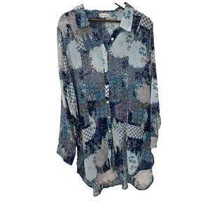 Cloth & Portrait Sheer Longsleeve Blouse Blue patchwork Button Up cottage beachy